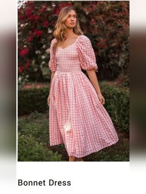 Pink Gingham JESSAKAE BONNET DRESS Puff-Sleeve Midi Dress